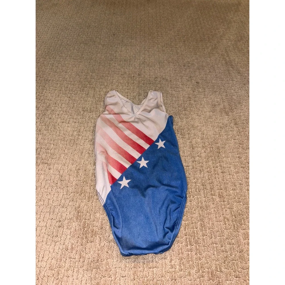 GK Elite Kids Americana Stars Stripes Rhinestone Gymnastics Leotard CM Red White